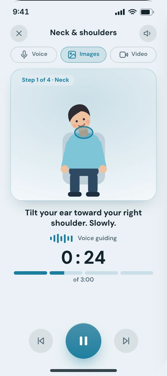 A guided stretch with the avatar, voice and a 3-minute timer